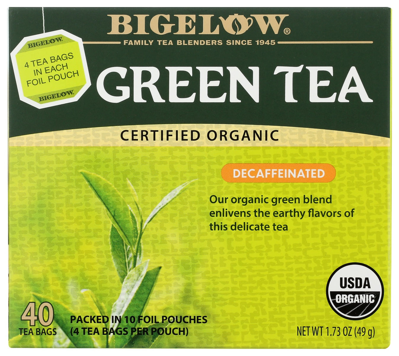 BIGELOW: Organic Green Tea Decaf 40 Bags, 1.73 oz