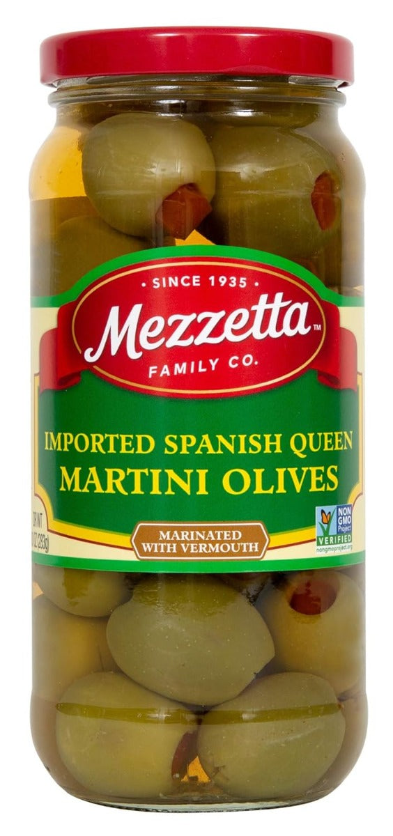 MEZZETTA: Spanish Queen Martini Olives Marinated with Dry Vermouth, 10 oz