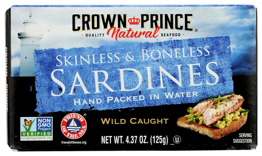 CROWN PRINCE: Skinless and Boneless Sardines Hand Packed In Water, 4.37 oz