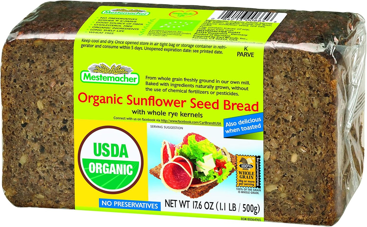 MESTEMACHER: Natural Sunflower Seed Bread with Whole Rye Kernels, 17.6 oz