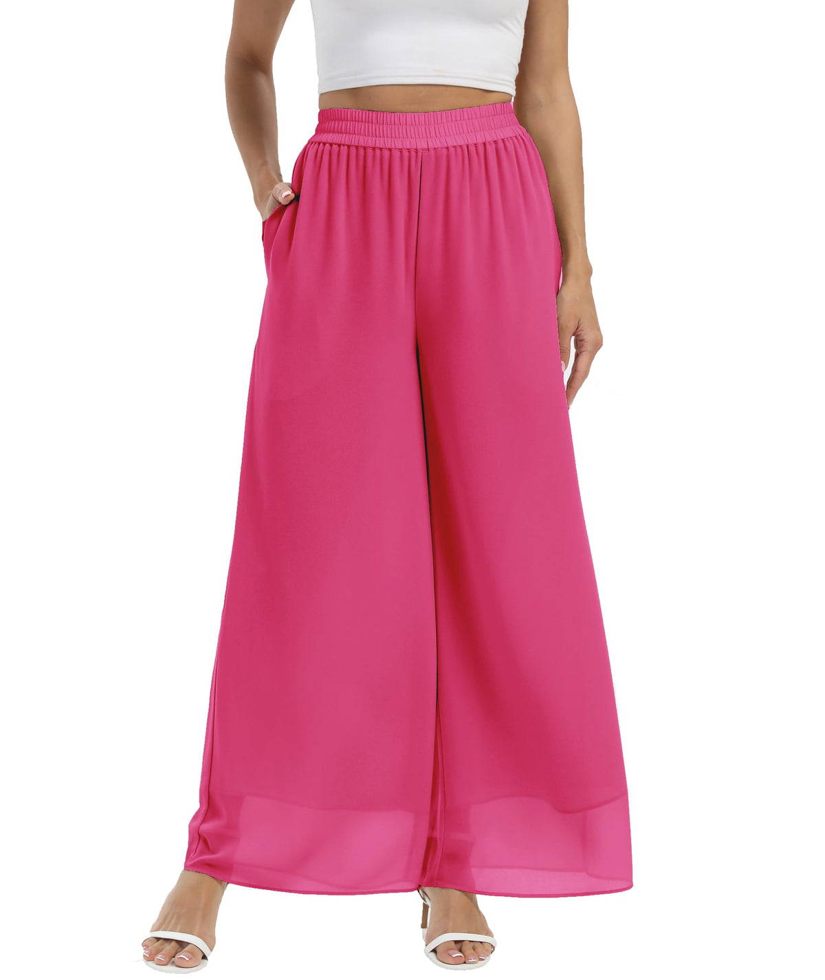 Fakanhui Womens Chiffon Wide Leg Palazzo Pants High Elastic Waist Casual Flowy Business Trousers