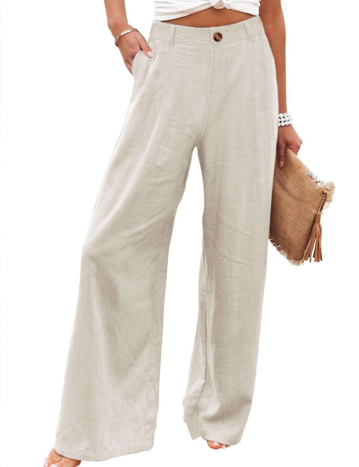 Hooever Womens Cotton Linen Pants Casual Button Up High Waisted Wide Leg Trousers(Apricot-S)