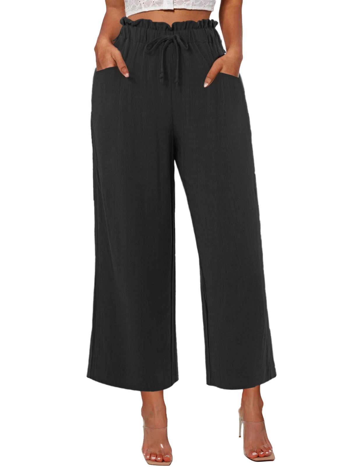 JEKAOYI Womens Casual Linen Wide Leg Pants High Waist Drawstring Flowy Palazzo Trousers with Pockets Black