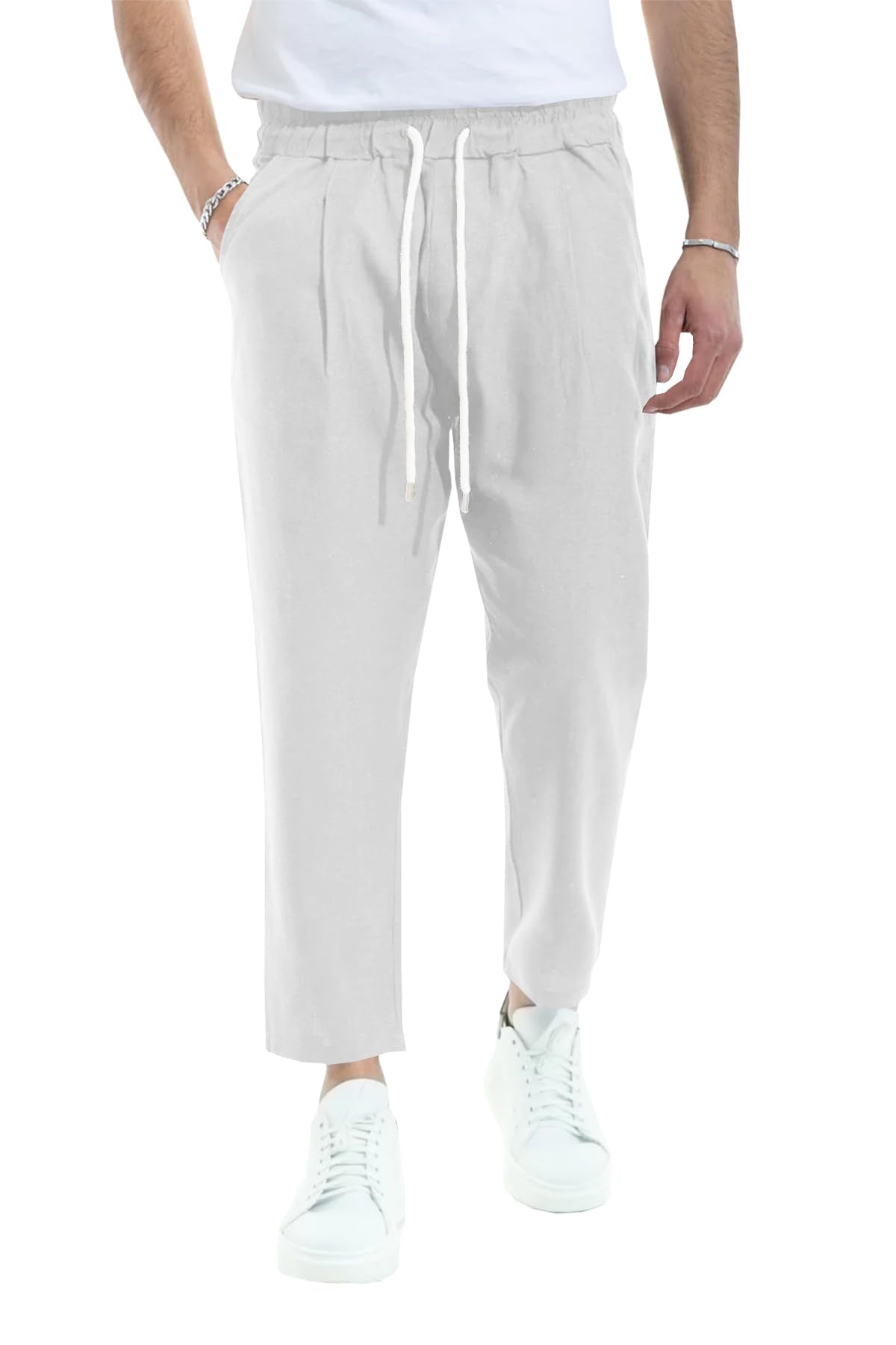 PASLTER Mens Linen Cotton Pants Casual Drawstring Elastic Waist Summer Beach Yoga Trousers White