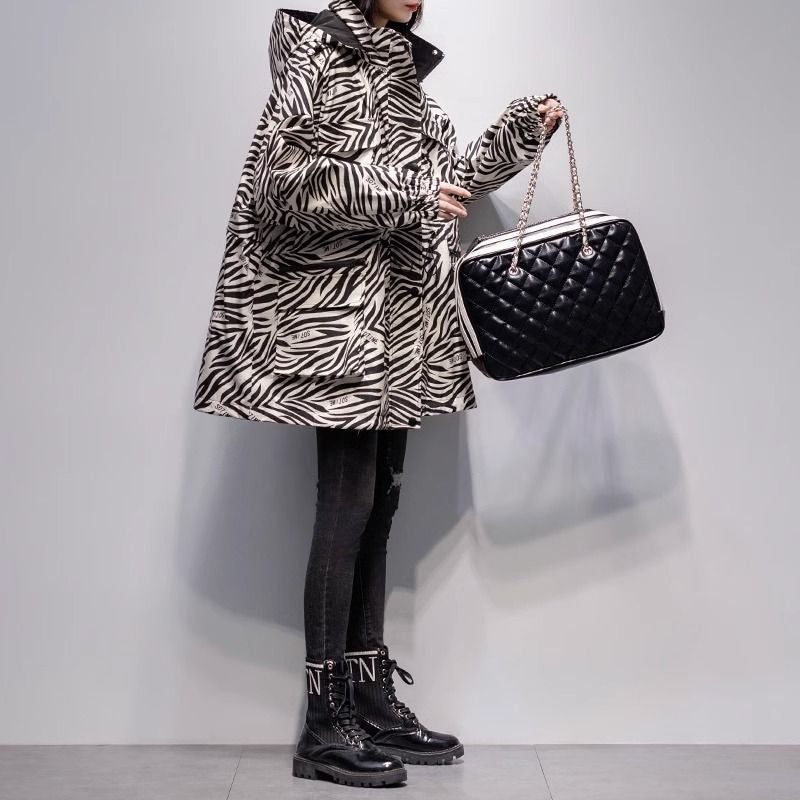 Women's Hooded Zebra-print Mid-length Trench Coat