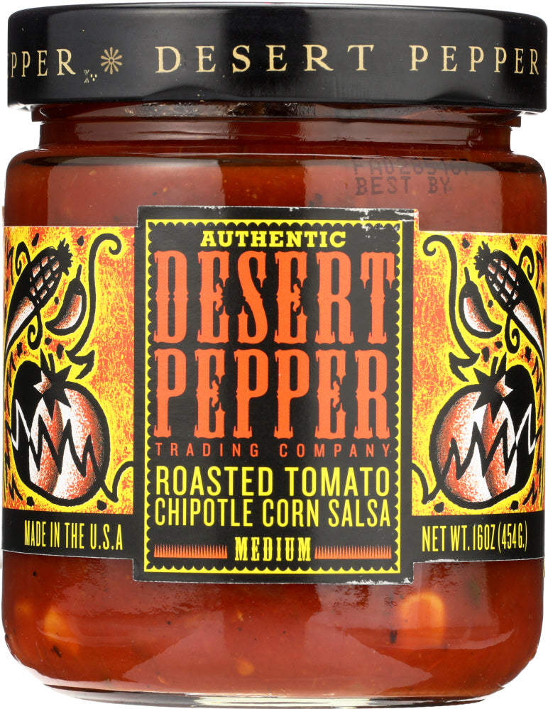 DESERT PEPPER: Roasted Tomato Chipotle Corn Medium Hot Salsa, 16 oz