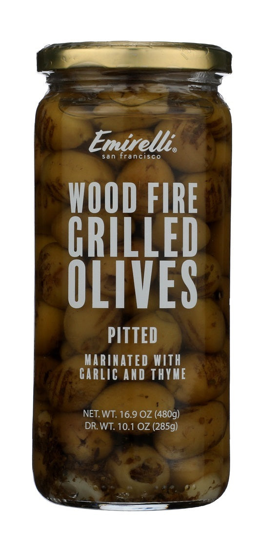 EMIRELLI: Wood Fire Grilled Pitted Olives Marinated with Garlic and Thyme, 16.9 oz
