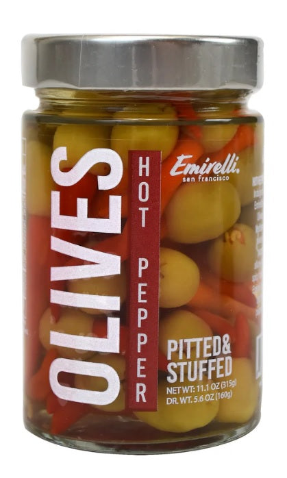 EMIRELLI: Hot Pepper Pitted and Stuffed Green Olives, 11.1 oz