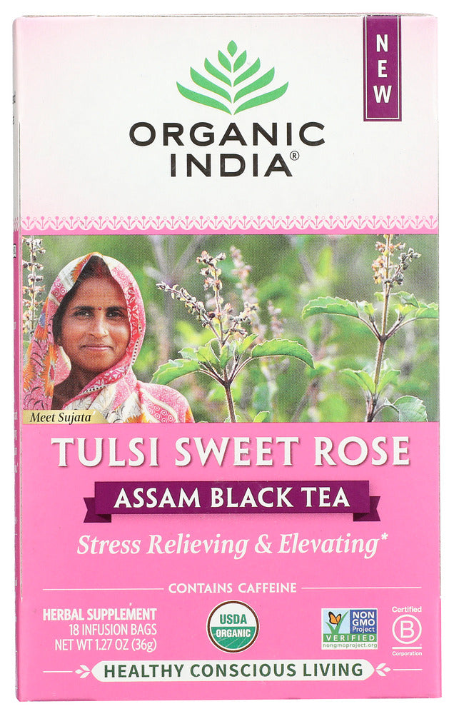 ORGANIC INDIA: Tea Blk Asm Tlsi Swt Rse, 18 bg