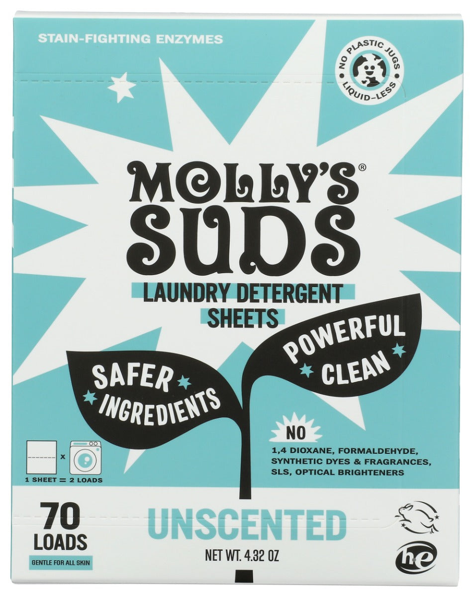 MOLLYS SUDS: Unscented Laundry Detergent Sheets 70L, 4.32 oz