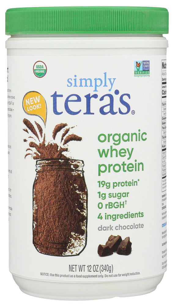 TERA'S WHEY: Grass Fed Organic Whey Protein Fair Trade Dark Chocolate, 12 oz