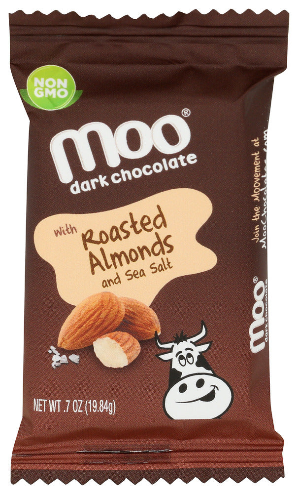 MOO ORGANIC CHOCOLATES: Dark Chocolate with Roasted Almonds and Sea Salt Mini Bars, 0.7 oz