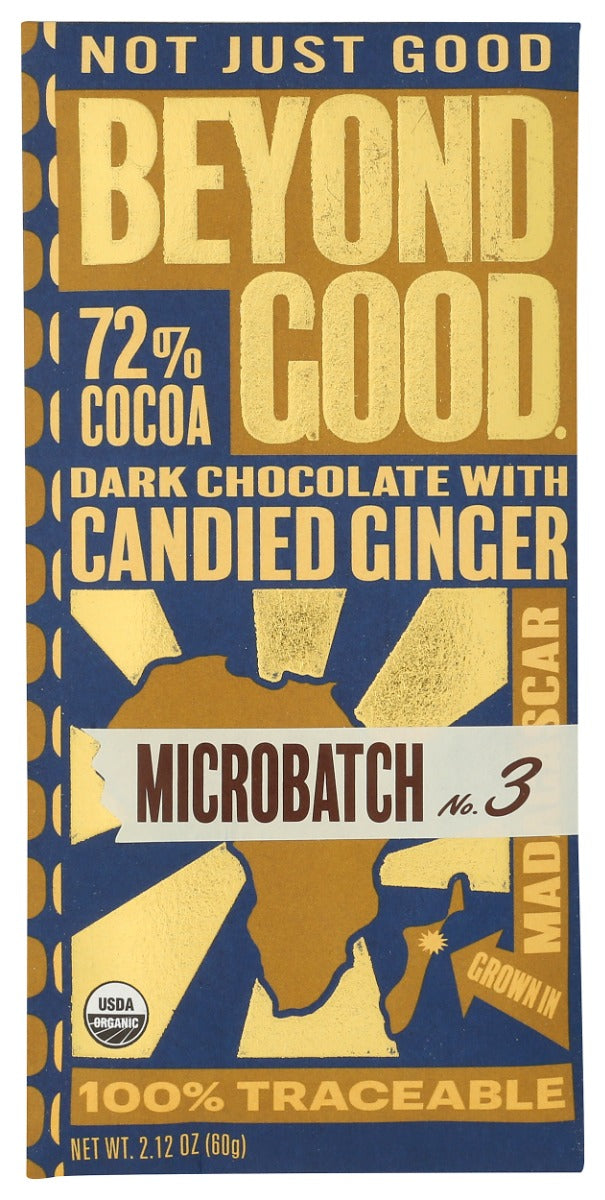 BEYOND GOOD: Microbatch 72% Dark Chocolate Bar with Candied Ginger, 2.12 oz