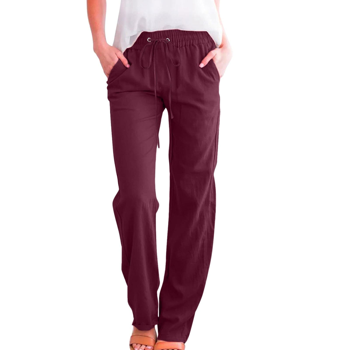 Muyise Womens Cotton Linen Casual Pants Straight Leg Drawstring Elastic High Waist Loose Comfy Palazzo Trousers with Pockets(04-WineXX-Large)