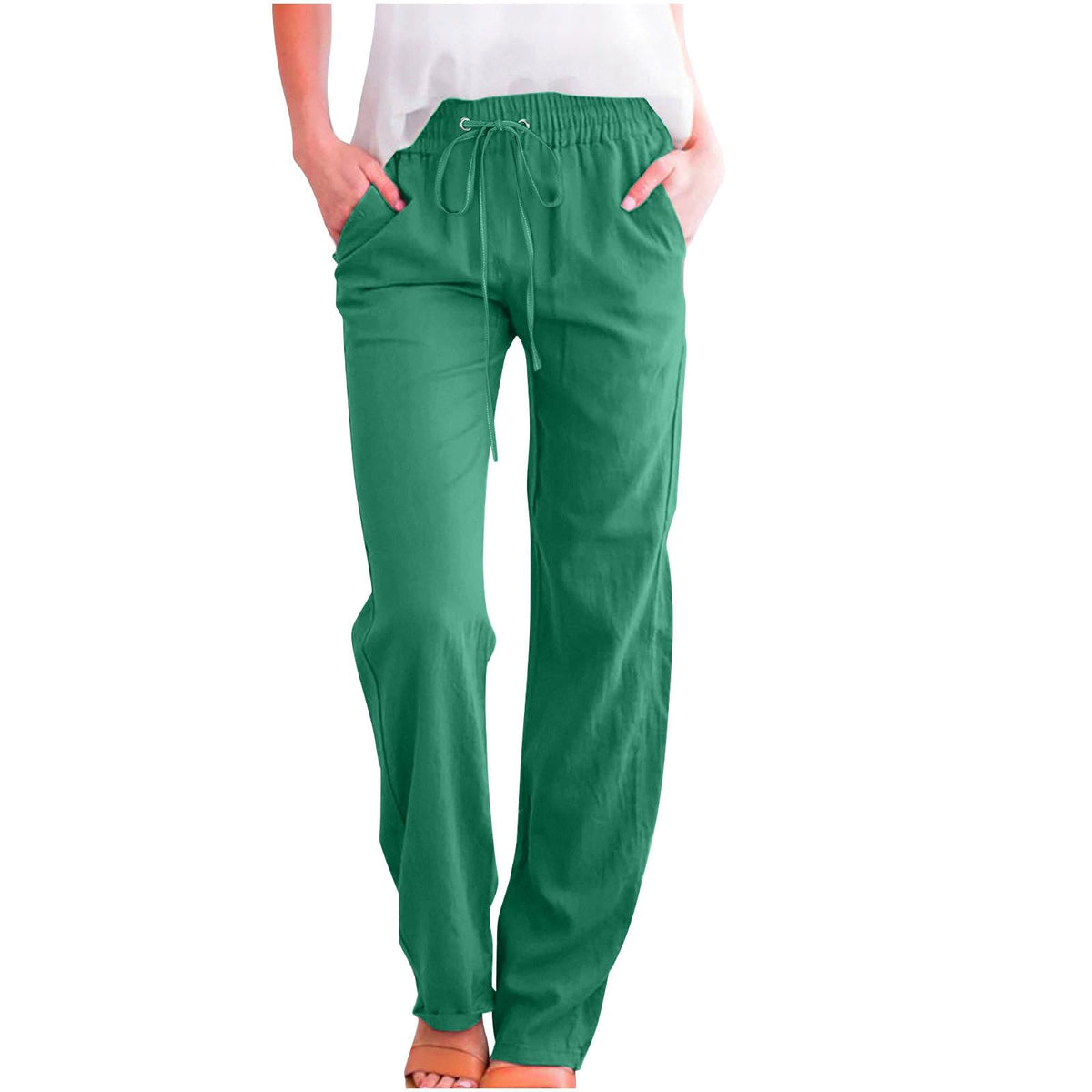 Womens Casual Cotton Linen Pants Lightweight Elastic Waist Pant Summer Fall Lounge Plain Drawstring Trousers Hiking Wide Leg Long Sweatpants with Pockets Plus Size Clothes for Women 2024