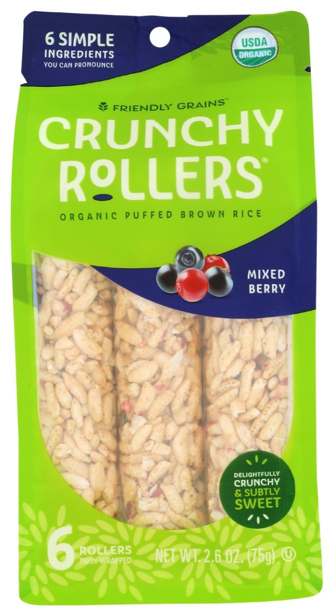 FRIENDLY GRAINS: Crunchy Rollers Organic Puffed Brown Rice Mixed Berry, 2.6 oz