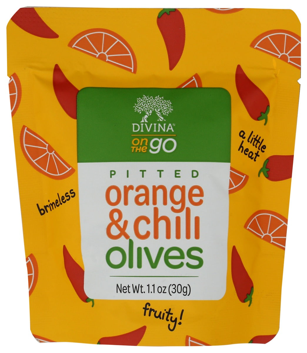 DIVINA: Pitted Orange and Chili Olives, 1.1 oz