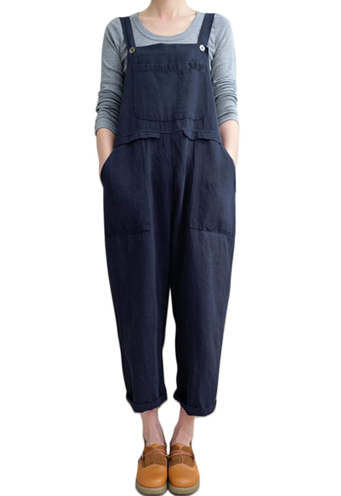 Flygo Womens Loose Baggy Wide Leg Cotton Linen Overalls Jumpsuit Harem Pants (Large Navy)