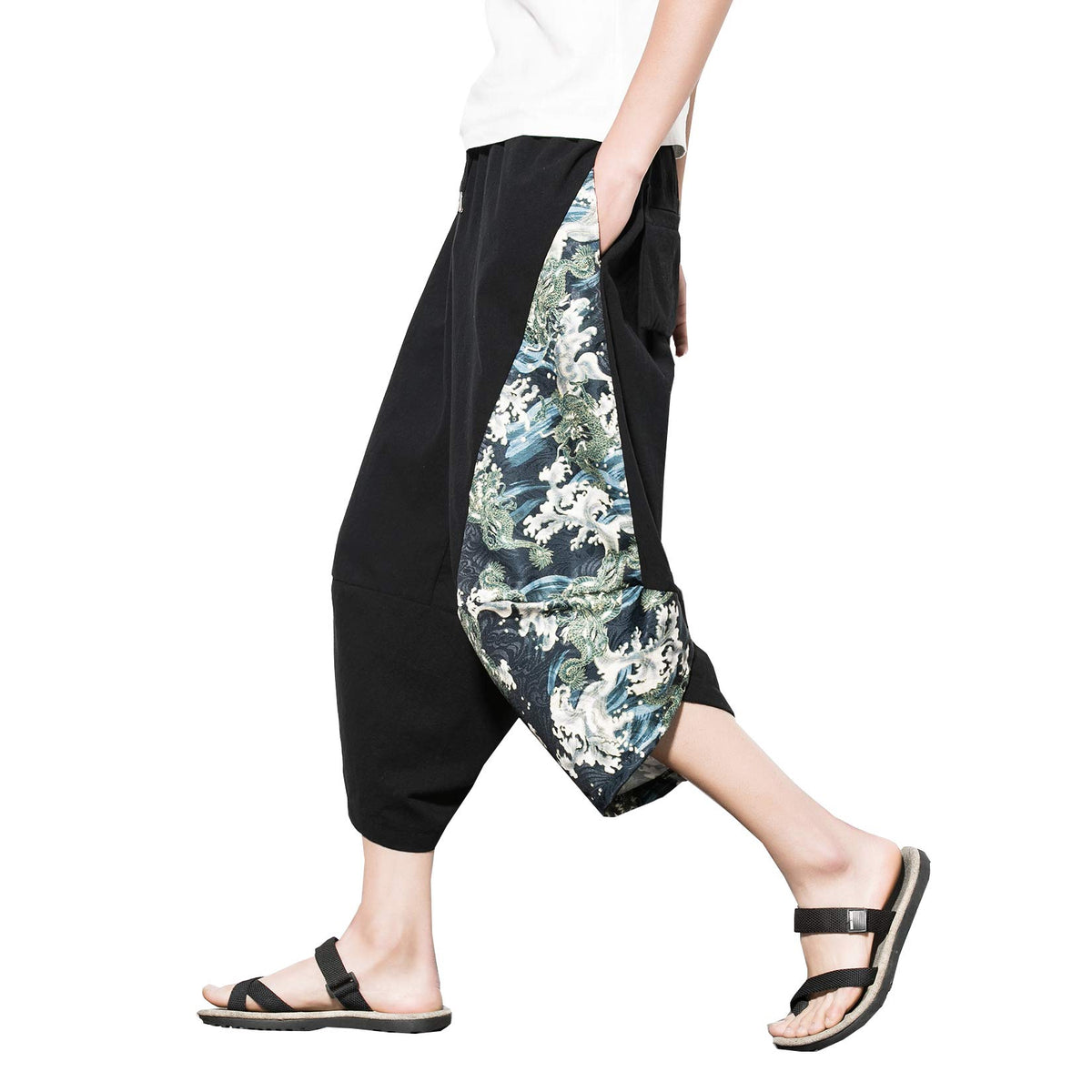 DOSLAVIDA Mens Linen Harem Capri Pants Lightweight Elastic Waist Wide Leg Cropped Trousers Casual Loose Beach Capris Green