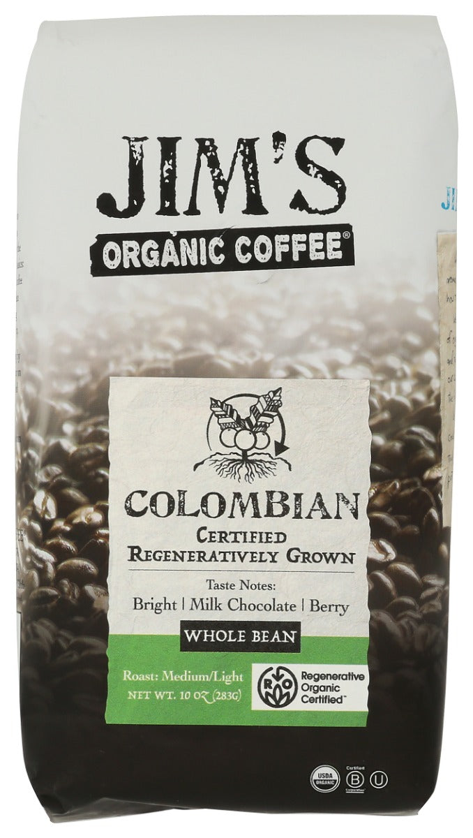 JIMS ORGANIC COFFEE: Colombian Whole Bean Coffee, 10 oz
