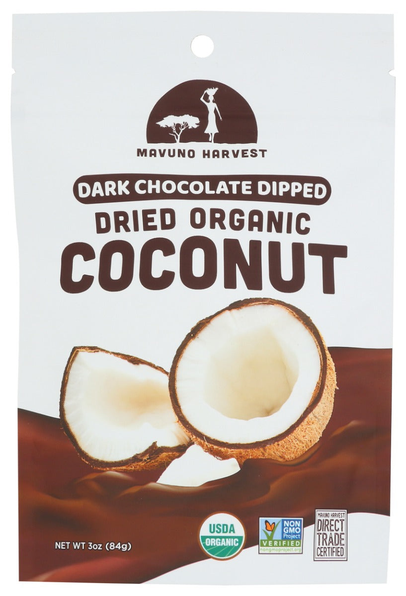 MAVUNO HARVEST: Organic Dried Coconut Dipped in Dark Chocolate, 3 oz
