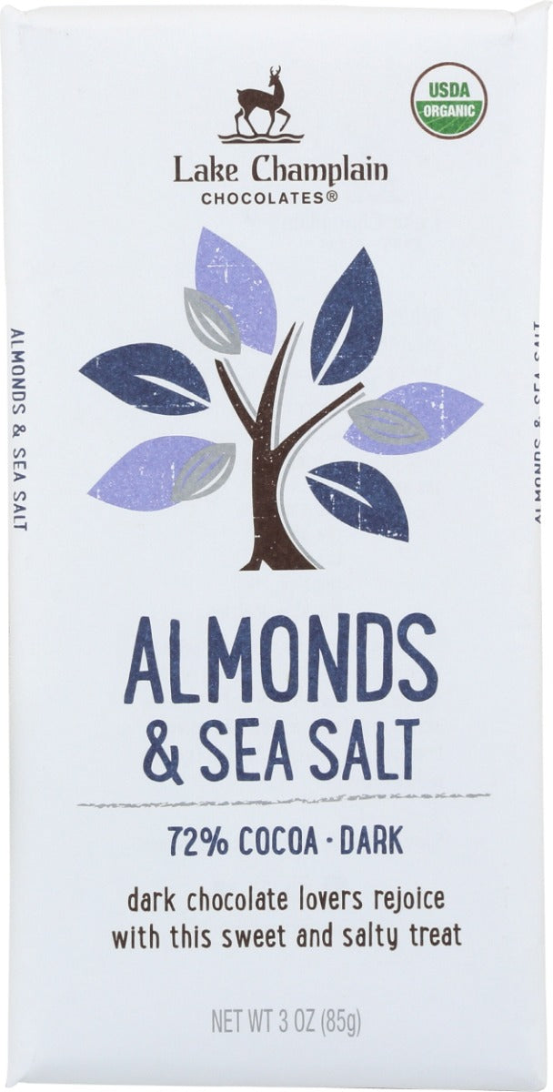 LAKE CHAMPLAIN CHOC: 72% Dark Chocolate Bar with Almonds and Sea Salt, 3 oz