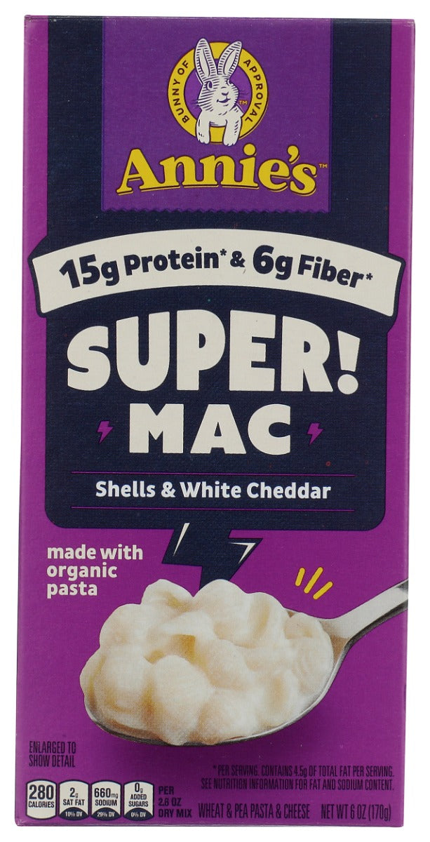 ANNIE'S HOMEGROWN: SUPER! Mac Shells & White Cheddar, 6 oz