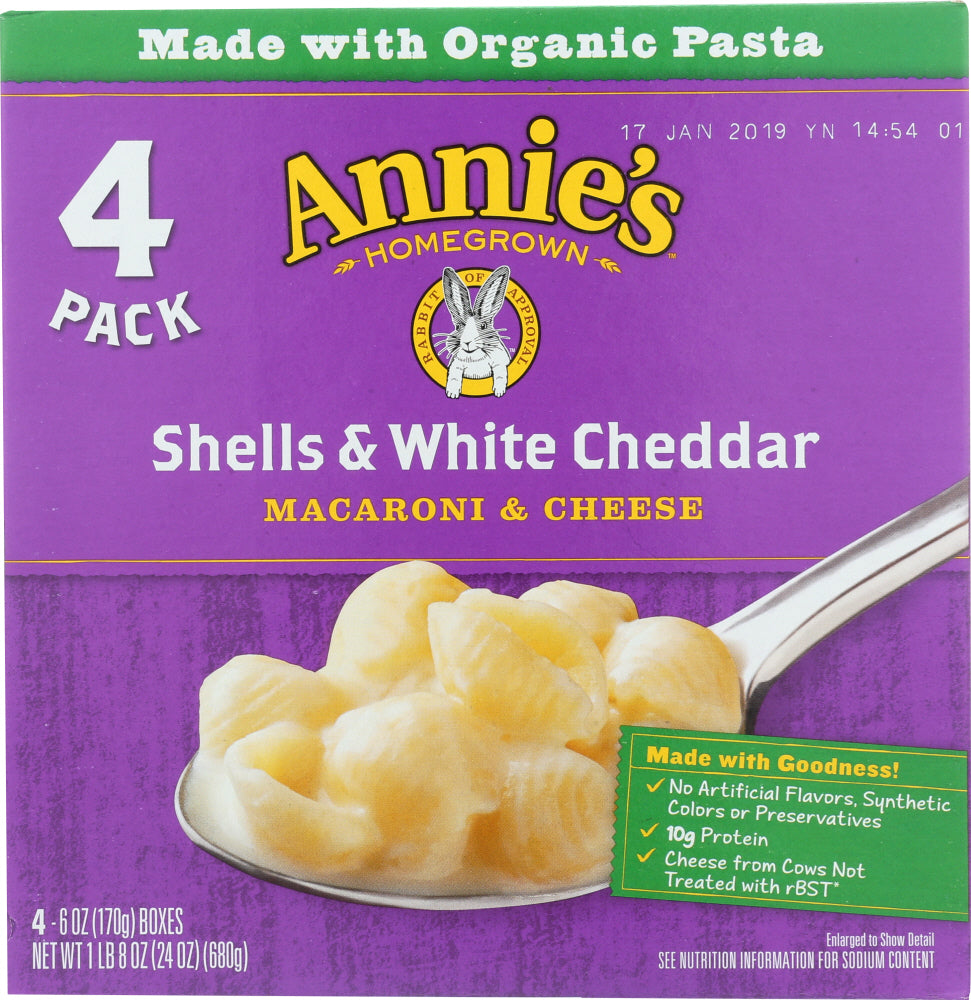 ANNIES HOMEGROWN: Shells & White Cheddar Macaroni & Cheese 4 Pack, 24 oz