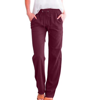 Muyise Womens Cotton Linen Casual Pants Straight Leg Drawstring Elastic High Waist Loose Comfy Palazzo Trousers with Pockets(04-WineXX-Large)