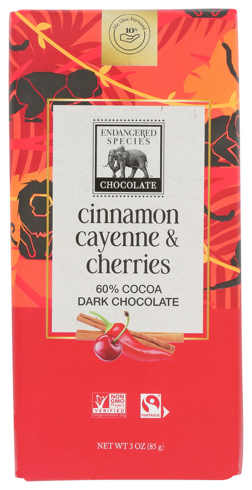 ENDANGERED SPECIES: Chocolate Natural 60% Dark Chocolate Bar Cinnamon Cayenne & Cherries, 3 Oz