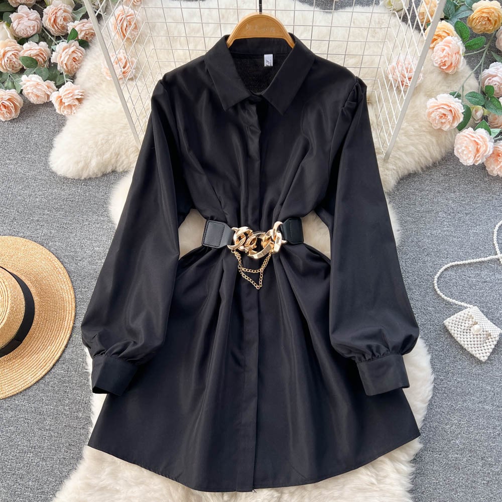 White Shirt Dress with Metal Buckle