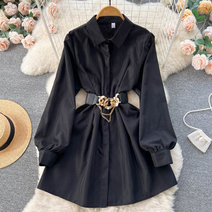 White Shirt Dress with Metal Buckle