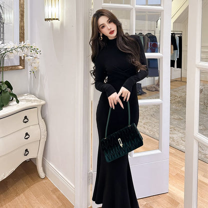 Retro Long Sleeve Slimming Fishtail Dress