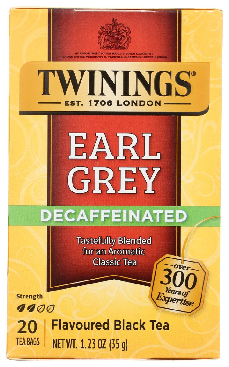 TWININGS OF LONDON: Classics Earl Grey Naturally Decaffeinated, 20 Tea Bags, 1.23 oz