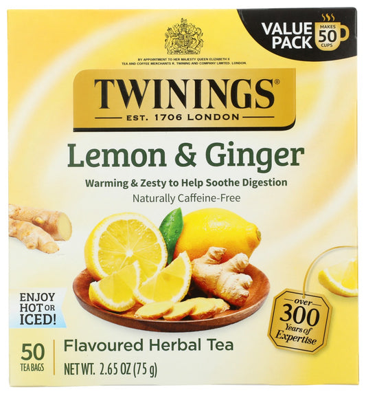 TWINING TEA: Lemon & Ginger Herbal Tea, 50 bg