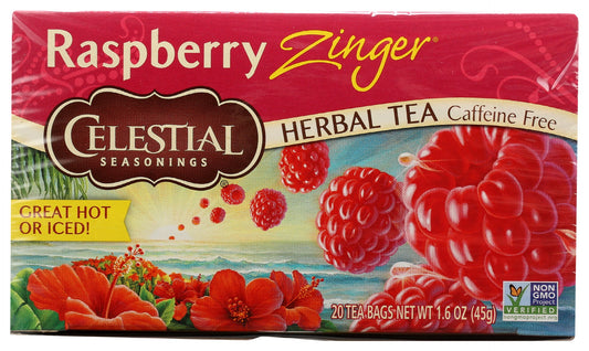CELESTIAL SEASONINGS: Raspberry Zinger Herbal Tea Caffeine 20 Tea Bags, 1.6 oz