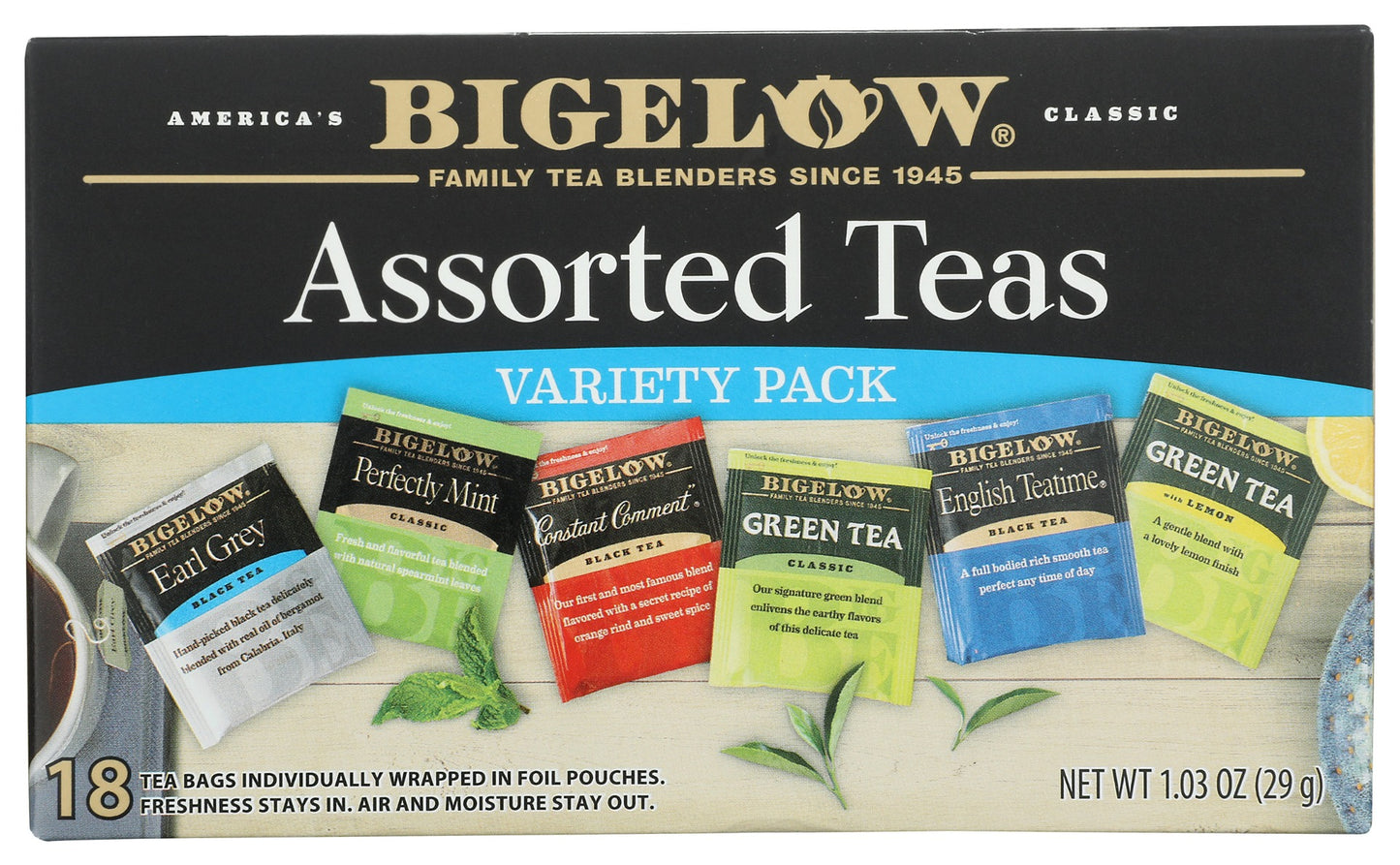 BIGELOW: Six Assorted Teas Variety Pack 18 Tea Bags, 1.10 oz