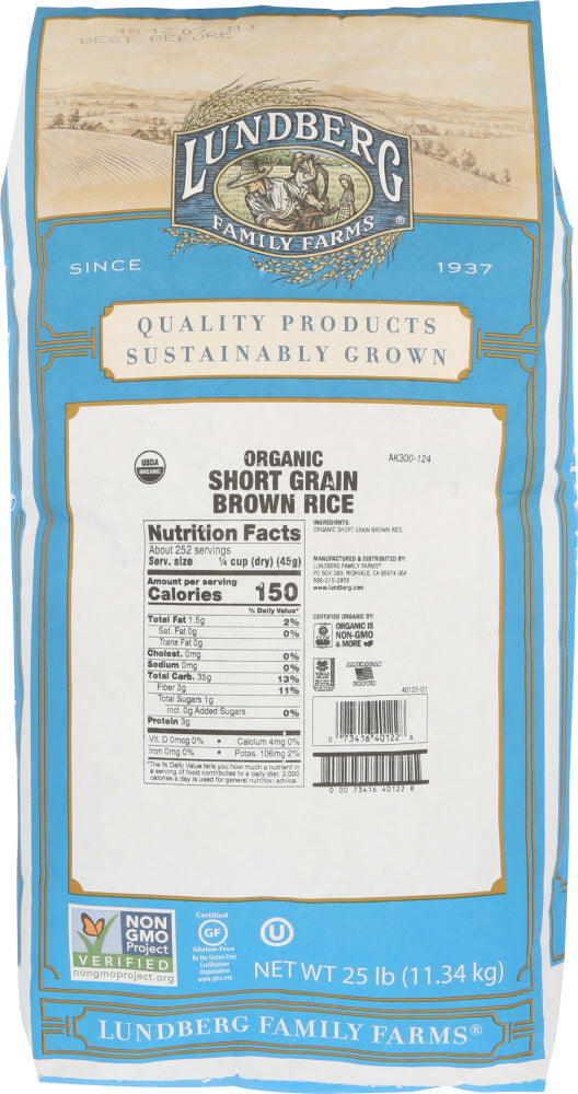 LUNDBERG: Organic Short Grain Brown Rice, 25 lb