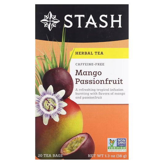 STASH TEA: Mango Passionfruit Herbal Tea Caffeine Free 20 Tea Bags, 1.3 oz