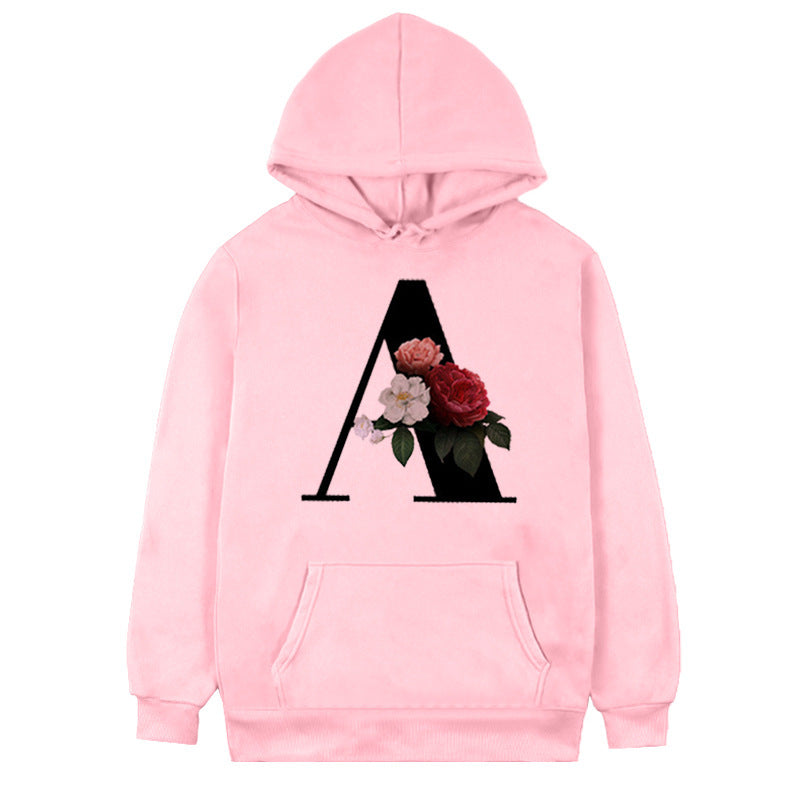Women's Fleece Hoodie with 26-Letter Flower Print