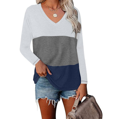 V-neck Long Sleeve Patchwork T-shirt