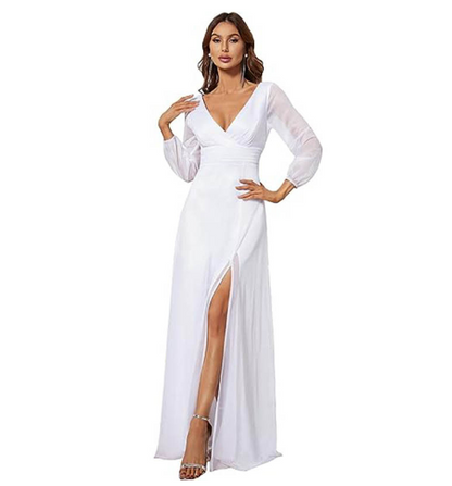 V-neck Long Sleeve Solid Color Dress with Slit Hem