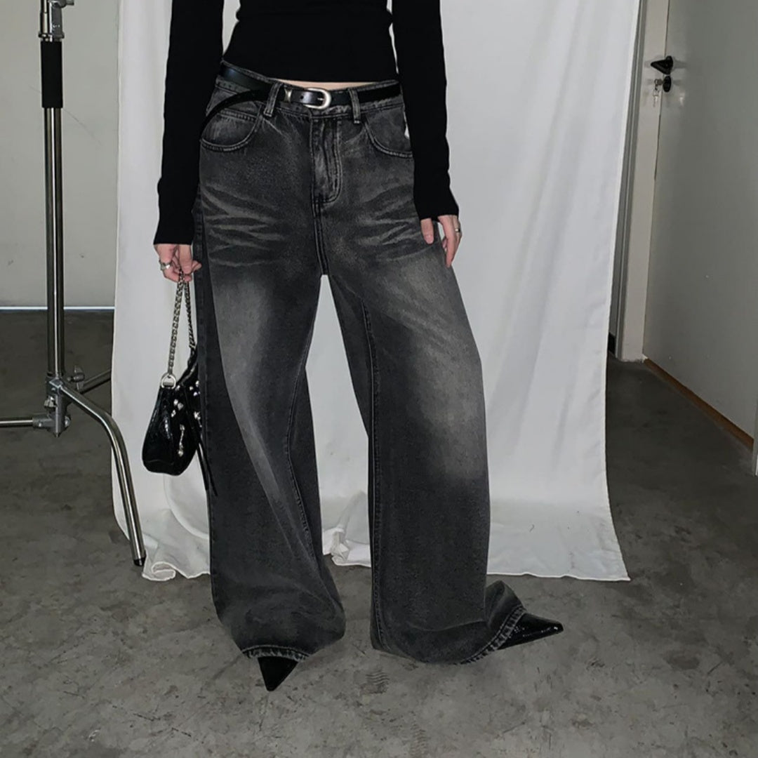 Retro High Waist Wide Leg Denim Casual Trousers