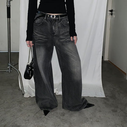 Retro High Waist Wide Leg Denim Casual Trousers