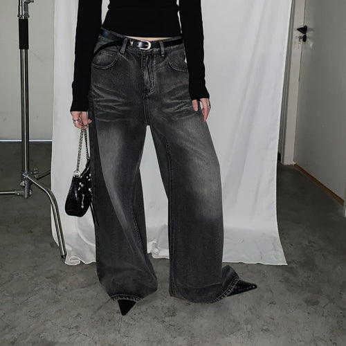 Retro High Waist Wide Leg Denim Casual Trousers