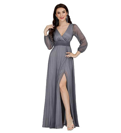 V-neck Long Sleeve Solid Color Dress with Slit Hem