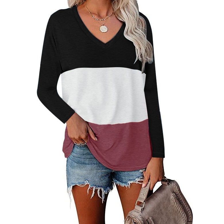 V-neck Long Sleeve Patchwork T-shirt