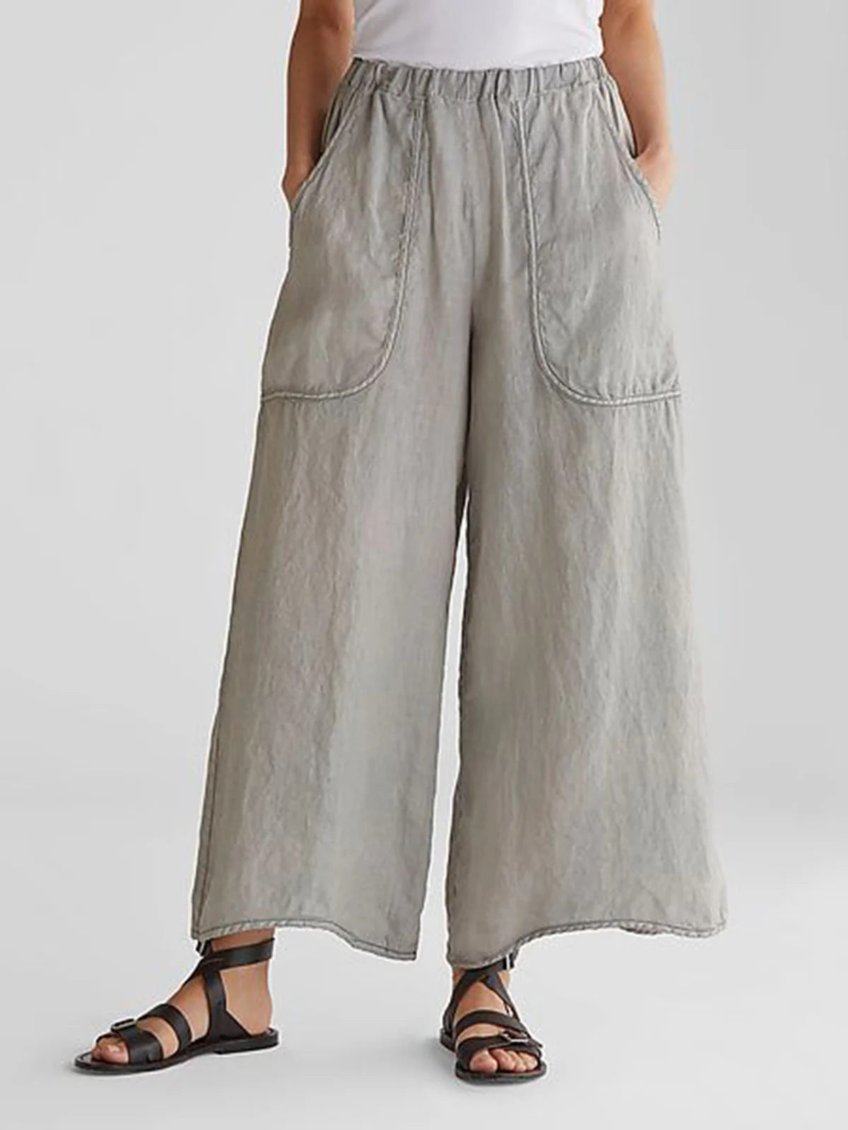 Wide Leg Cotton-Linen Pants with Pockets (One Piece)
