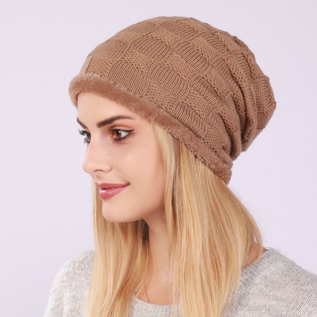 Pleated Fleece Knitted Checkered Beanie for Men and Women