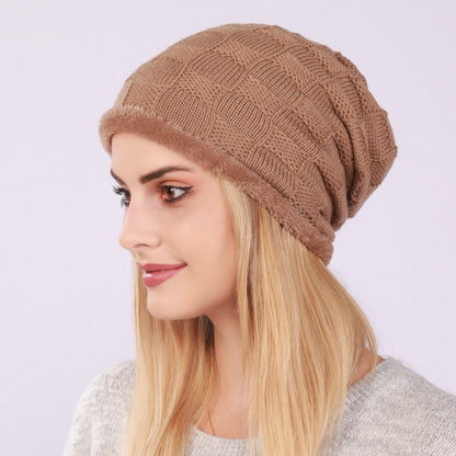Pleated Fleece Knitted Checkered Beanie for Men and Women